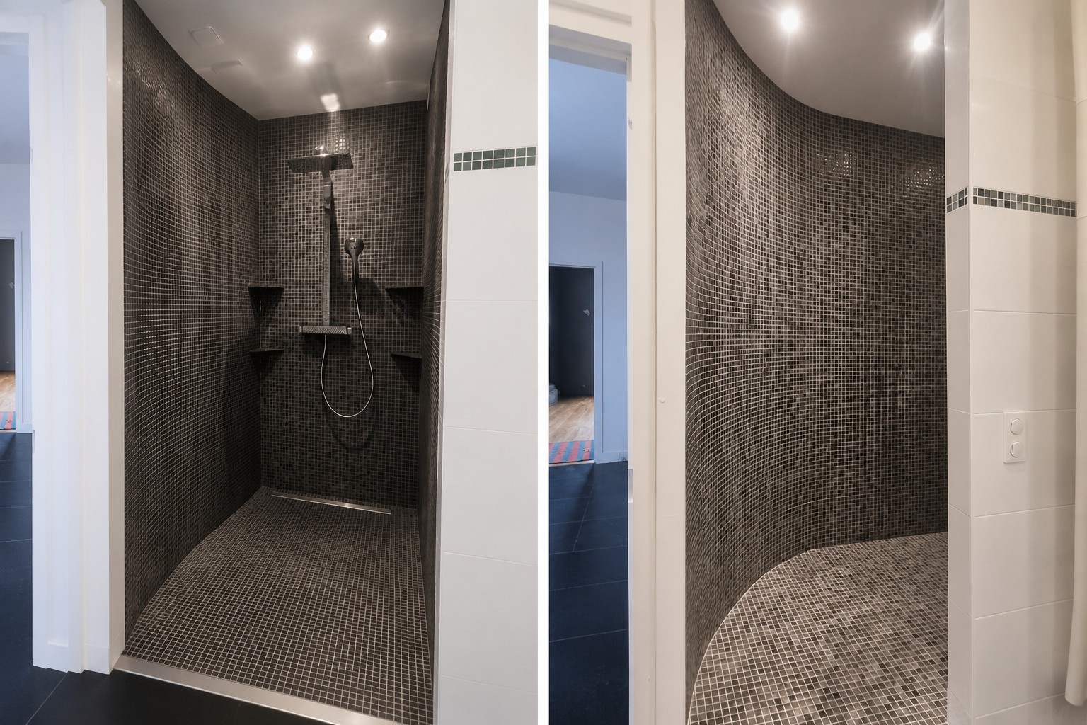 Douche en mosaique avec paroi arrondie